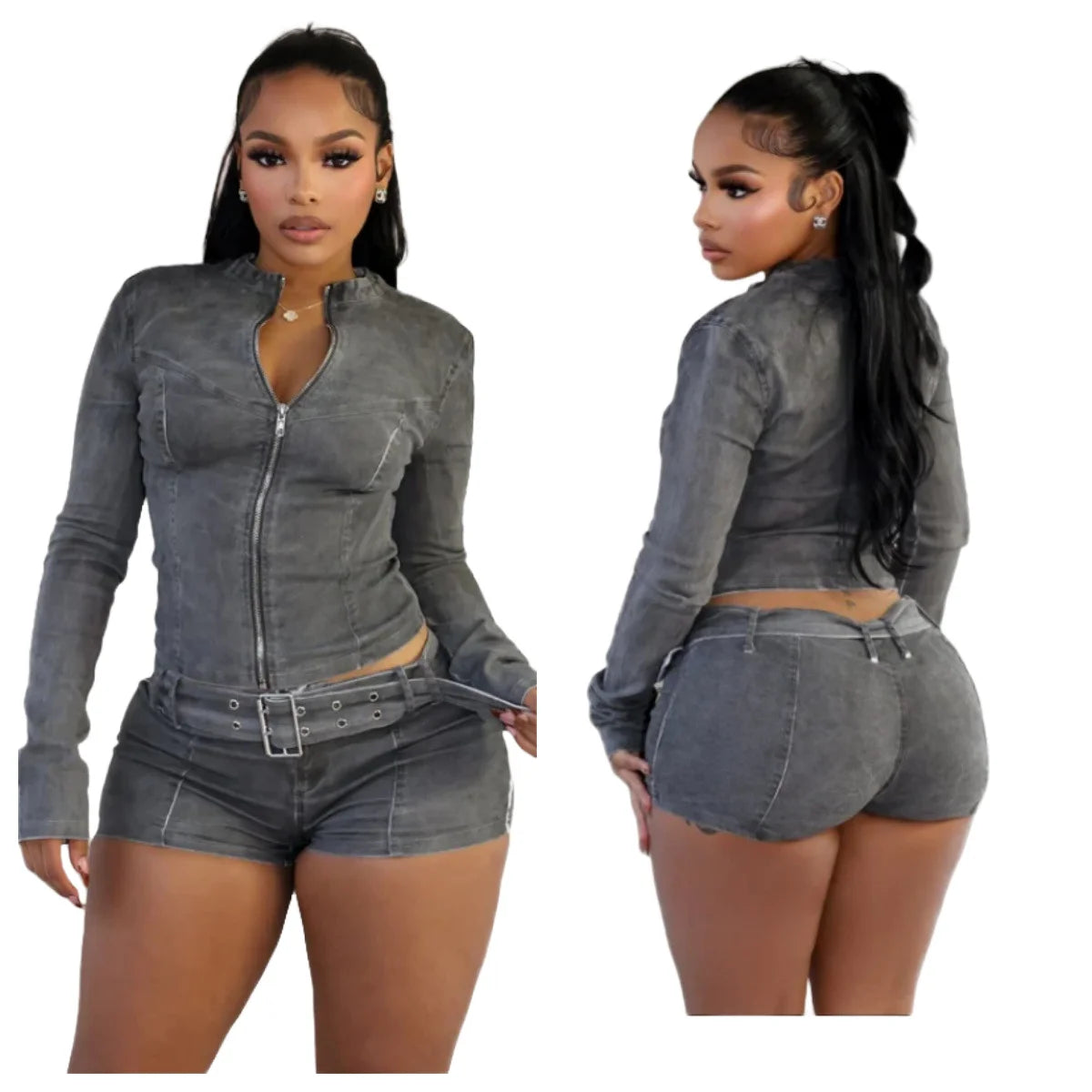Best-Selling Long Sleeve Elastic Denim Shorts Set with Vintage Patches Buttons Panelled Design Above Knee Length New Arrival