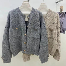 Luxury Cardigan for Women Knitwear Fashion Designer Cotton Cardigan Gold Button Double Pockets Vintage Cardigan