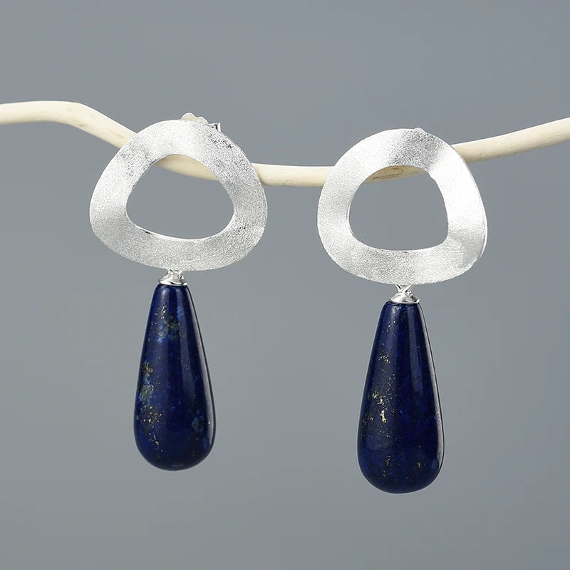 Lotus Fun Handmade 18k Gold Plated 925 Sterling Silver Lapis Aventurine Lazuli Gemstone Minimalist Circle Earrings Fine Jewelry