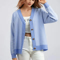 One Size Spring and Autumn New Single Breasted Cardigan V-neck Contrast Loose Striped Sweater Long Sleeved Coat Top