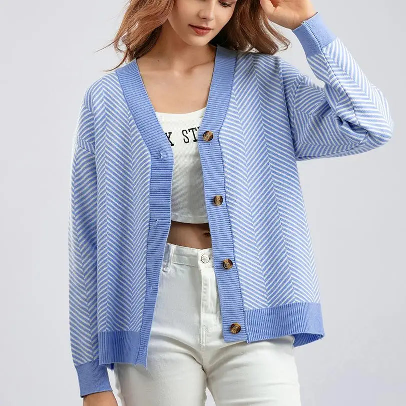 One Size Spring and Autumn New Single Breasted Cardigan V-neck Contrast Loose Striped Sweater Long Sleeved Coat Top
