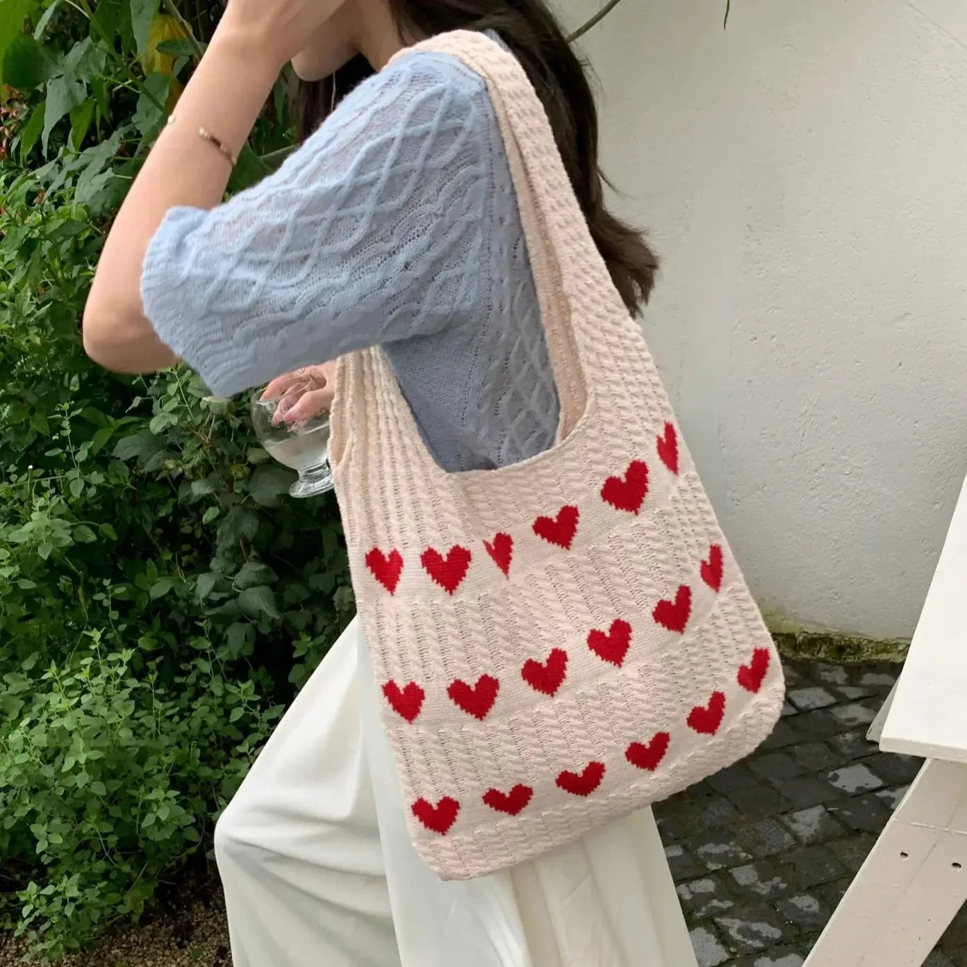 2023 Korean INS Fashion Love Heart Knitted Crochet Tote Bags for Women Cute Single Shoulder Large Capacity Summer Style