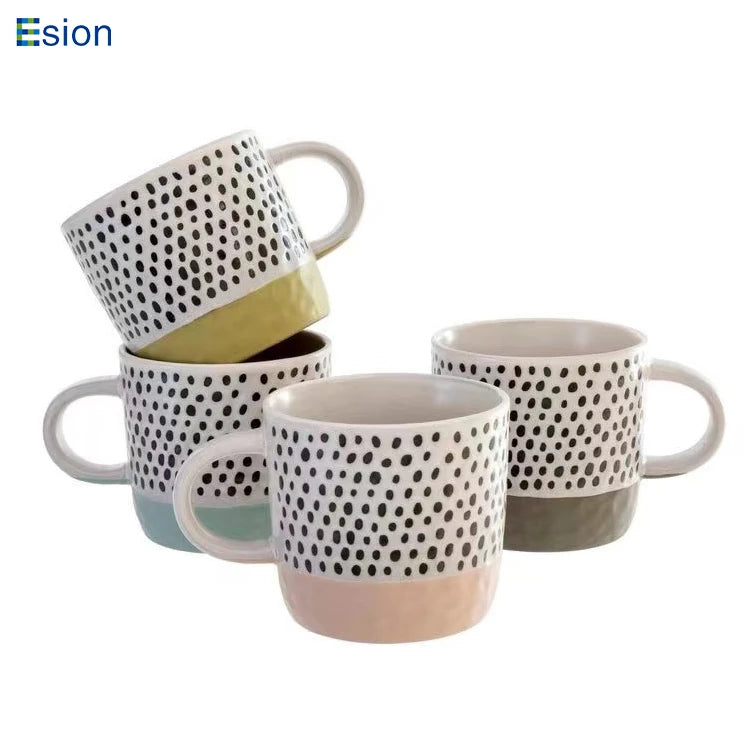 Wholesale Handmade Two Tone Printing Polka Dot Cups Dipped Glazed Ceramic Coffee Mugs