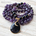 MN32009 Awakening Moon Goddess Mala Beads 108 Amethyst Necklace Mala Beads Amethyst & Onyx Lotus Yoga Necklace