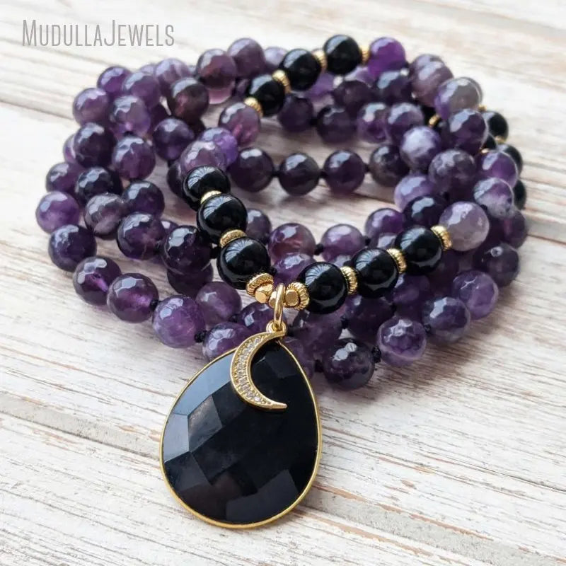 MN32009 Awakening Moon Goddess Mala Beads 108 Amethyst Necklace Mala Beads Amethyst & Onyx Lotus Yoga Necklace