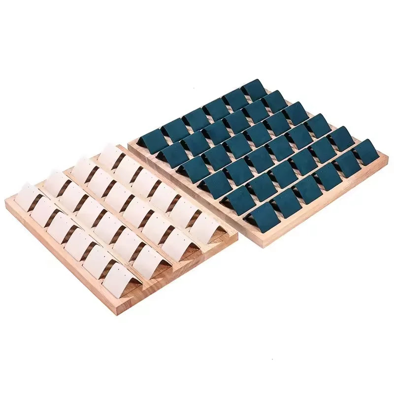 Natural Wood 24 Pair Earring Display Tray Microfiber Stud Organizer Stand for Boutique Jewelry Store Countertop Showcase