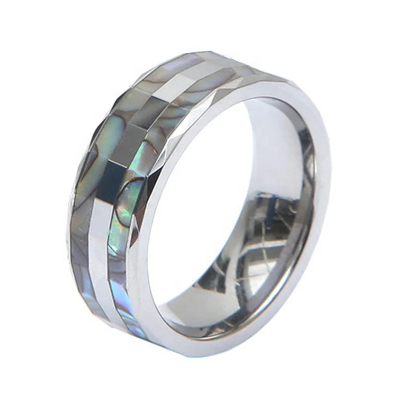 POYA Abalone Shell Rings Tungsten Ring 8mm Unique Mens Diamond Edged Wedding Band Custom Ring
