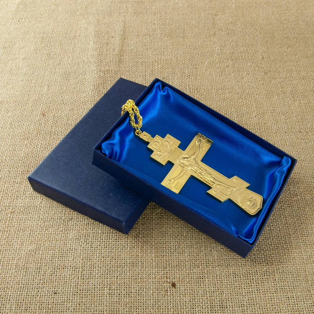 Greek Orthodox Gold Pectoral Cross with Alloy Chain Orthodox Church Spiritual Gift Jesus Crucifix Statue Image