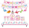 Cartoon pink Dinosaur Theme Paper Banner Plate Tablecloth Decoration Supplies Birthday Party Decoration Set