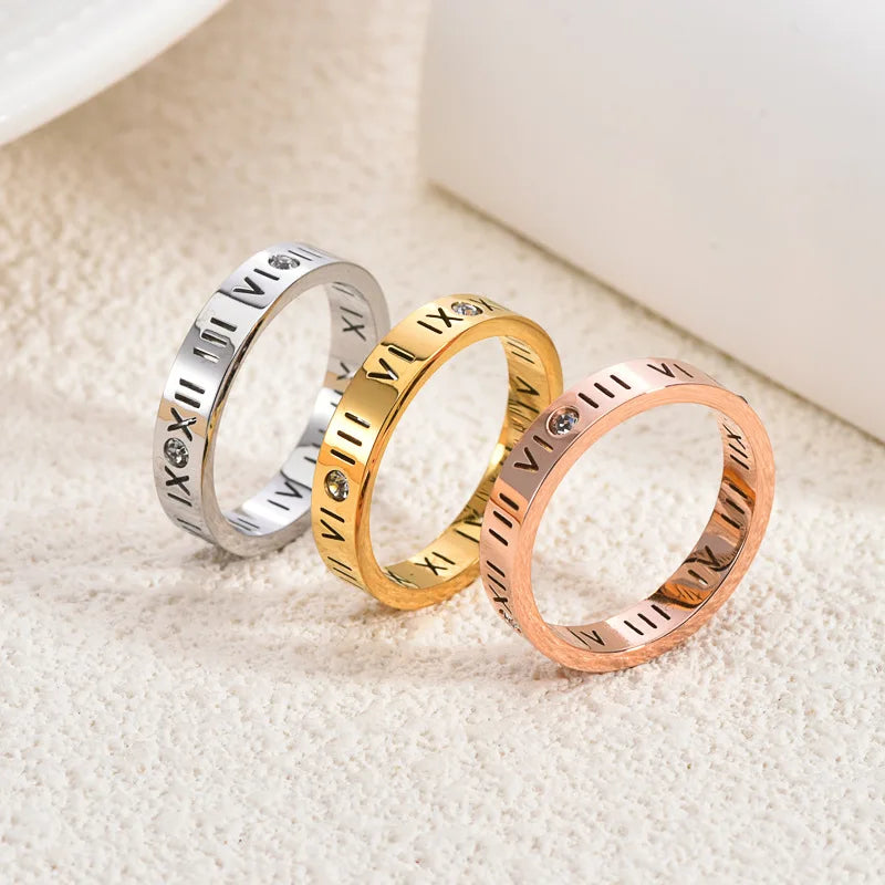 Cross-Border Popular Titanium Steel Roman Numeral Diamond-Encrusted Rings Non-Fading Personalized Fashion Accessories for Men
