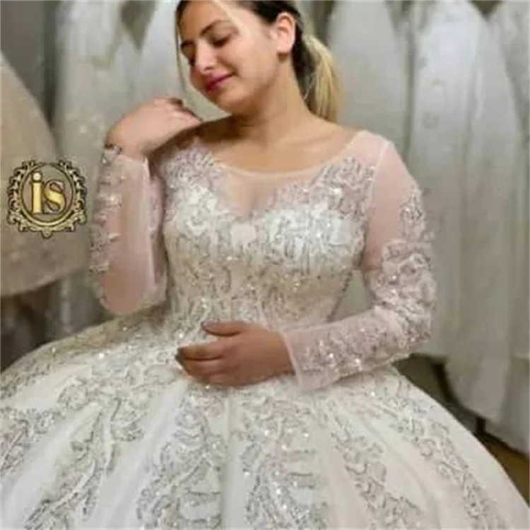 Light Luxury Classic European American Ball Gown Wedding Dress White Pearl Lace Sequin Pompadour Floor-Length Long Sleeves