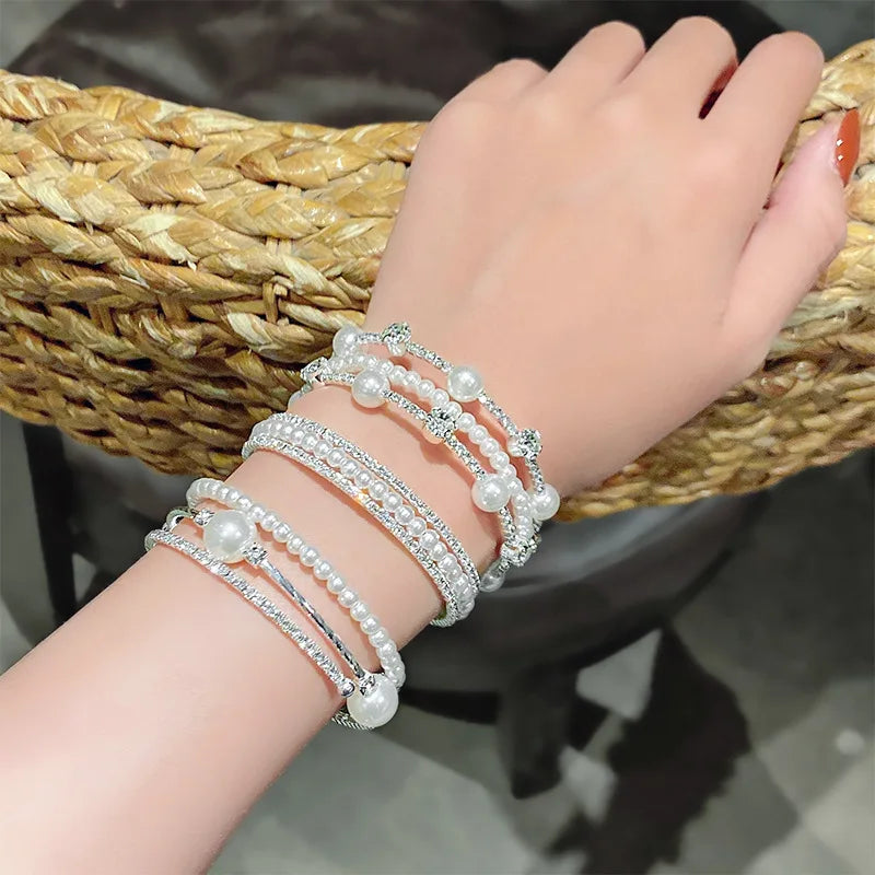 Korean Simple Double-layer Pearl Bracelet Cross Wound Zircon Bracelet for Women