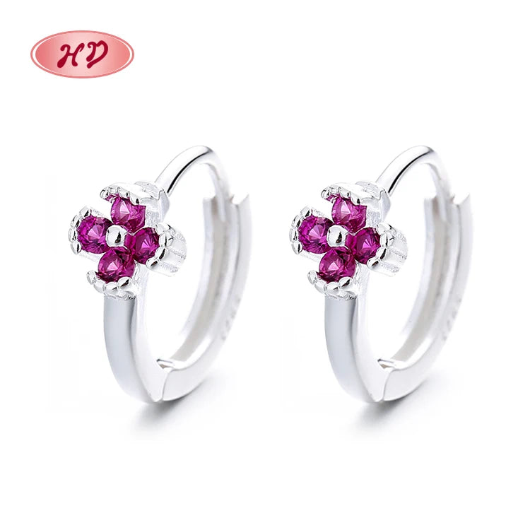 Silver Pated No Chain Womans Trendy Flowers Red Cubic Zirconia S925 Sterling Silver Thick Twisted Big Hoop Huggies Earrings