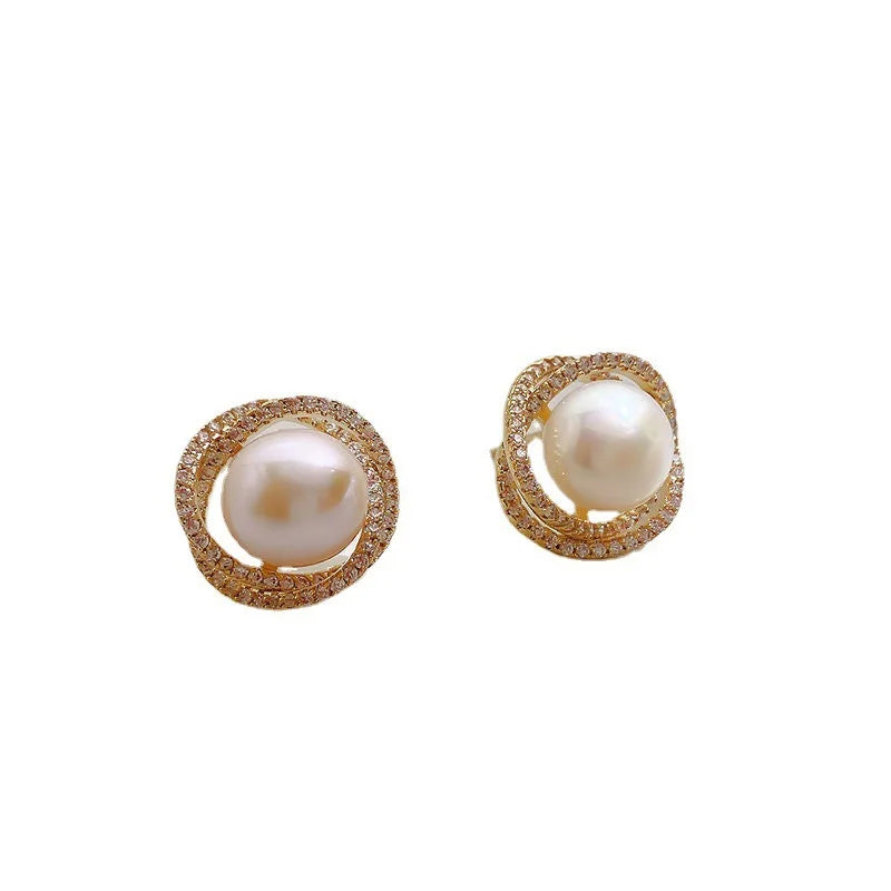 AA00973 Hot Sale Korean Large Pearl Earrings Shiny Micro Pave Cubic Zircon Flower Shaped Earrings