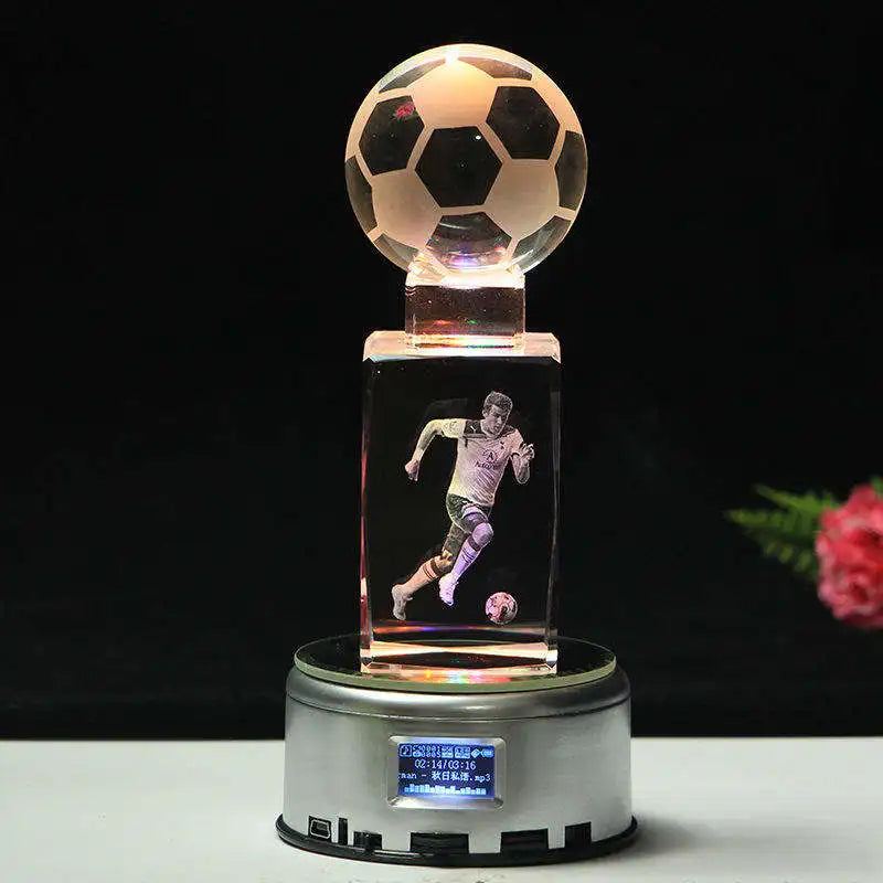 Wholesale Soccer Football Award Trophy Boy Birthday Gift K9 Crystal 3D Laser Engrave Custom Photo AOKAI Brand Custom Logo