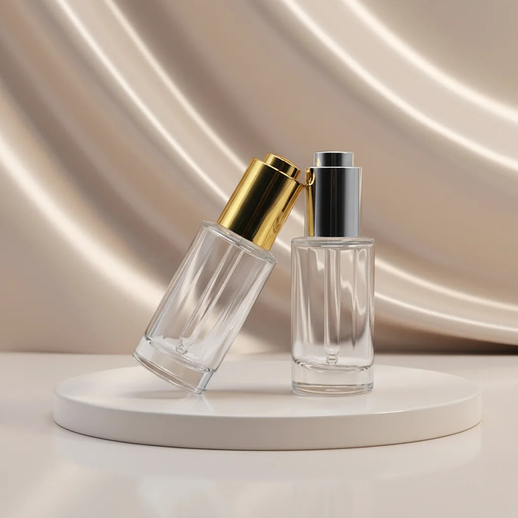 Luxury Push Button Serum Bottle 30ml 1oz Empty Flat Shoulder Glass Dropper Bottle for Skincare & Facial Oil