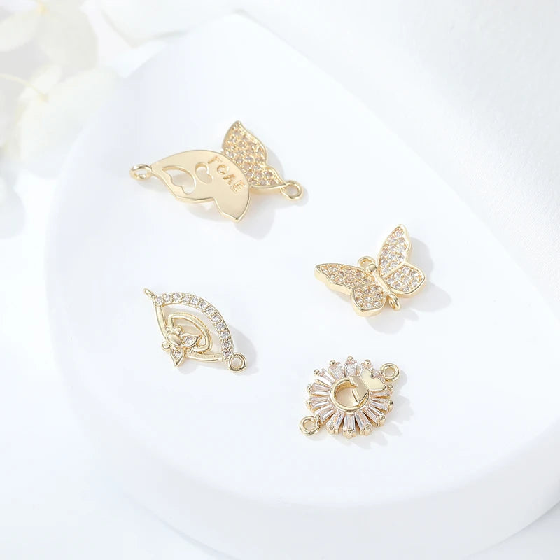 Wholesale Women's Trendy Jewelry Making Brass 14K Gold Plated Zircon Butterfly Connector Charm for Necklace and Bracelet Making