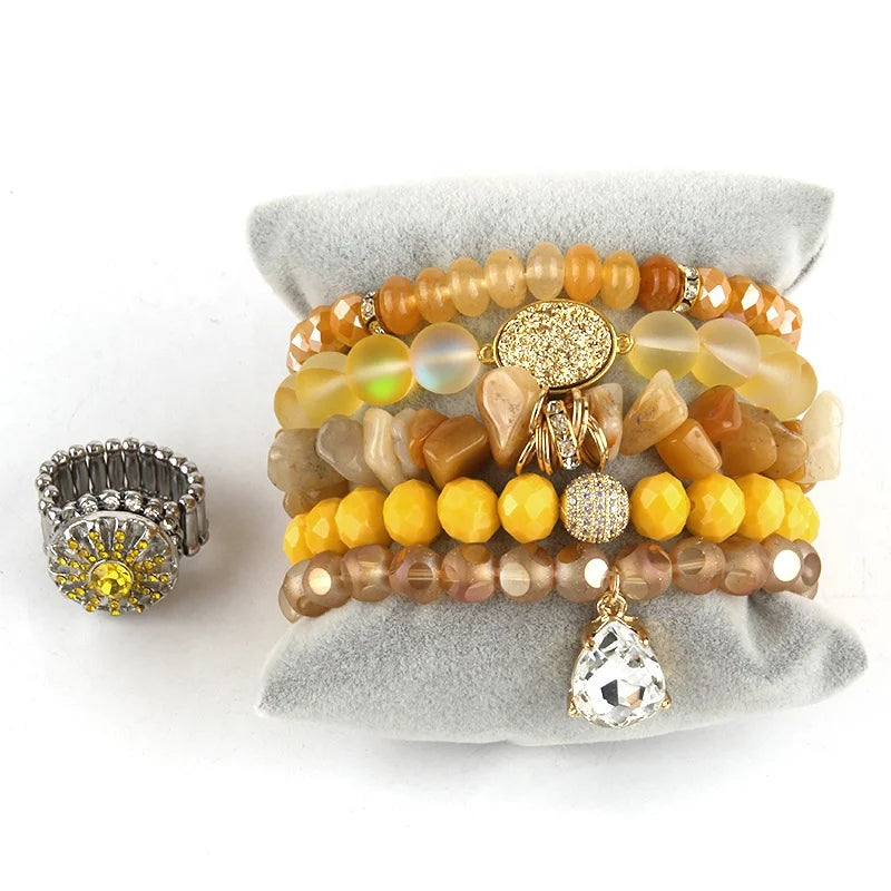 New Fashion 5pcs Natural Gemstone Glass Pearl Bracelet Changeable Button Ring Elastic Stack Bracelet Ring