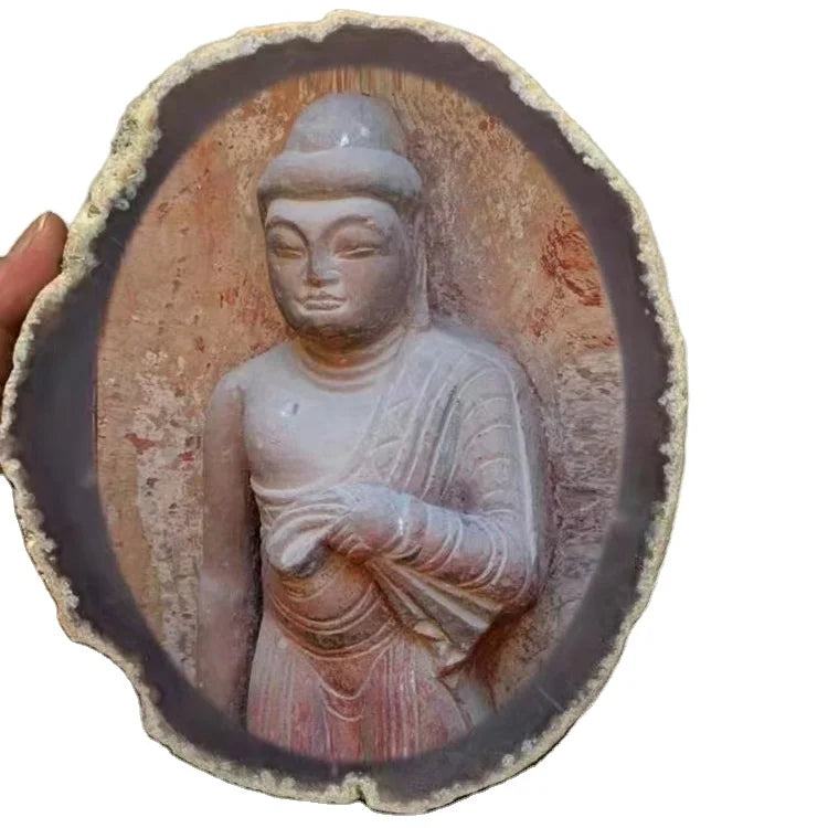 Huiying New Natural buddha polished painting crystal natural slices 10-13 cm sizes coasters with golden rim Dish