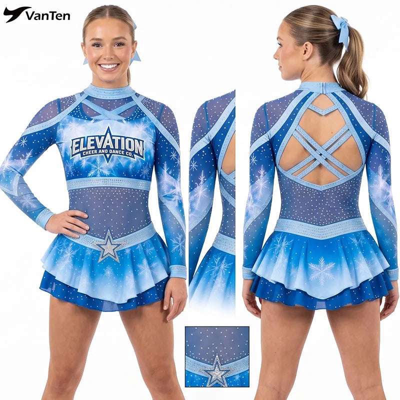 Custom Made Girls Cheerleading Snow Printing Outfits with Rhinestone Logo Personalized Cheer Uniform for Allstar Competition