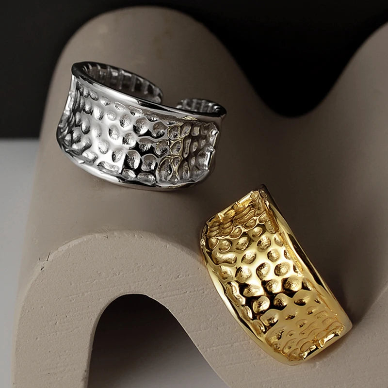 ICEBELA Jewelry S925 Sterling Silver Hammer Ring Female Ins Style Opening Hammer Eye Texture Index White Gold Ring