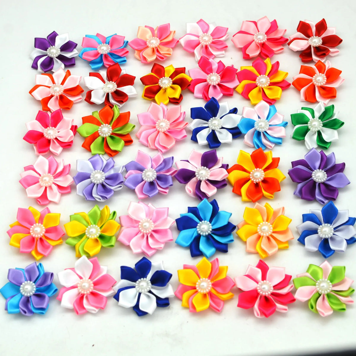 Cute Polyester Dog Hair Bows with Pearl Flowers Small Dog Grooming Ribbon Accessory for Summer Pet Supplies