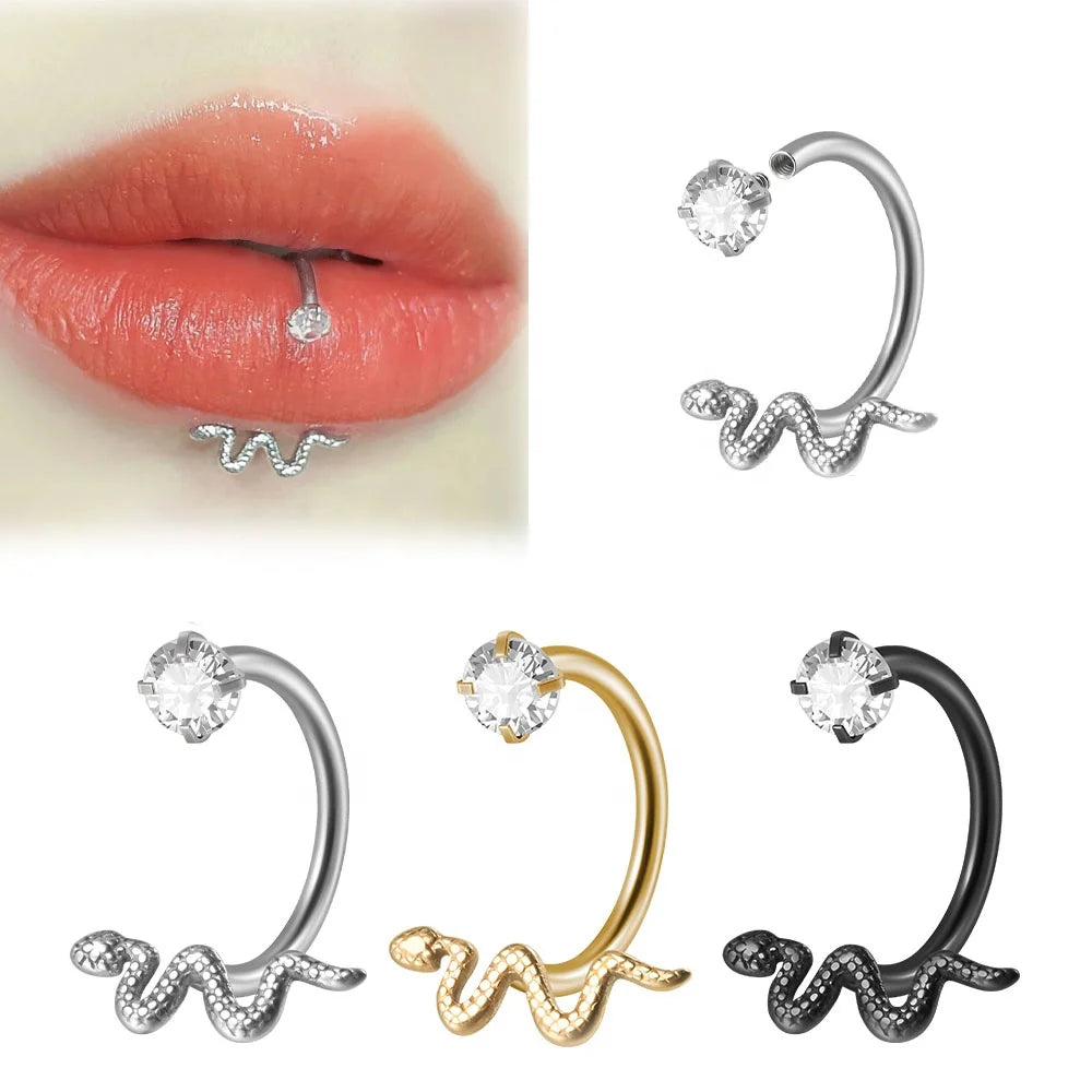 Surgical Steel Snake Shape Labret Lip Ring CBR Prong Earrings with Zircon Stone Cartilage Daith Piercing Jewelry