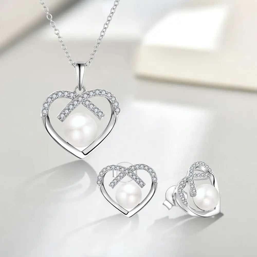 Wholesale 925 Sterling Silver Heart Shape Pearl Earring and Pendant Set Fresh Water Pearl Jewelry Set