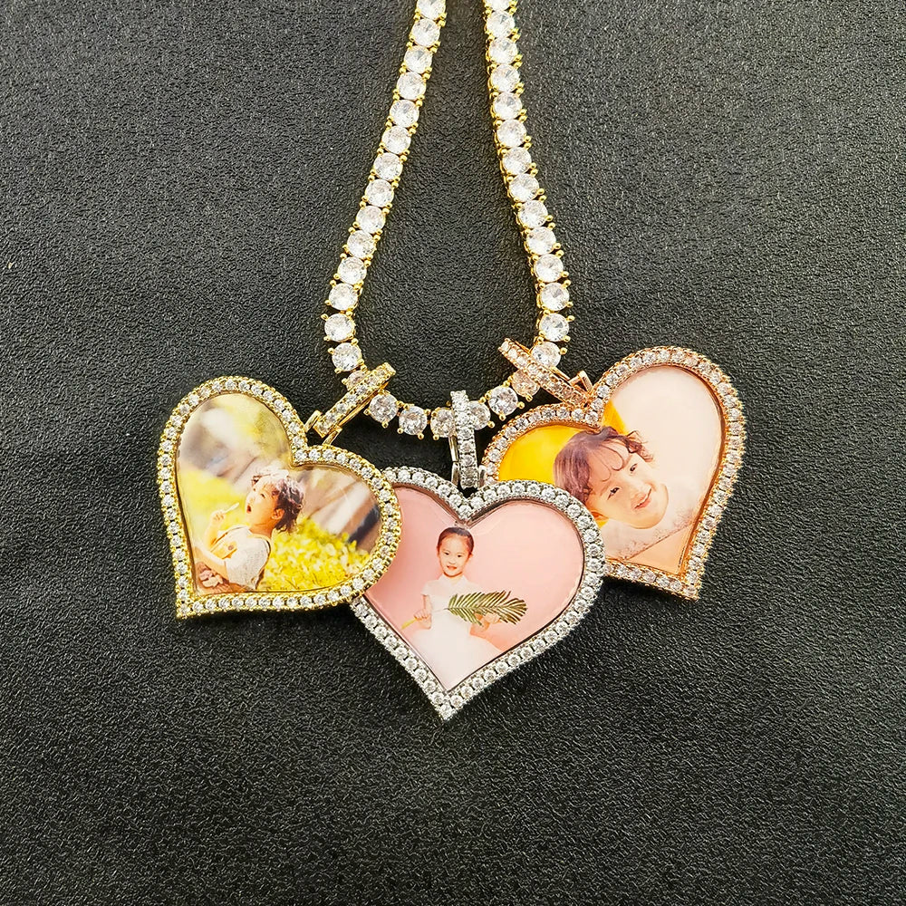 Custom Hip Hop Gold Plated Photo Sublimation Blank Necklace Jewelry Memory Pendant Neck Chain Crystal Heart Photo Necklace MegaBDM