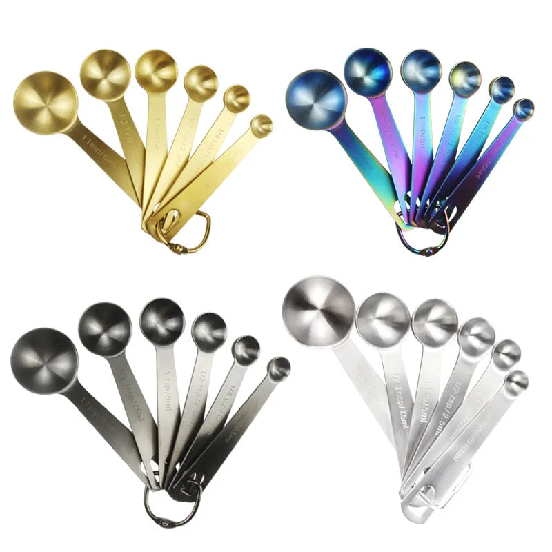Hot Sale Round Shape 430 Stainless Steel Gold Black Rainbow Measuring Spoon 6 Pcs Custom Logo  Measuring Spoon Set