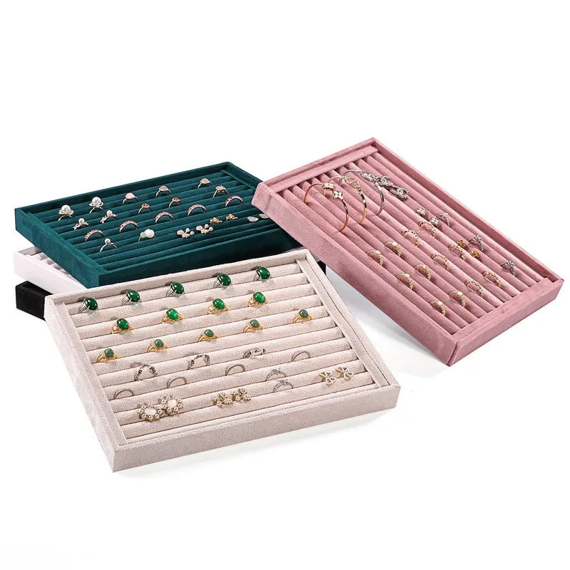 27.5*20 cm Beautiful Light Weight MDF Wood Velvet 7 Grooved Rectangle Gray Jewelry Rings Stud Earrings Display Tray Organizer
