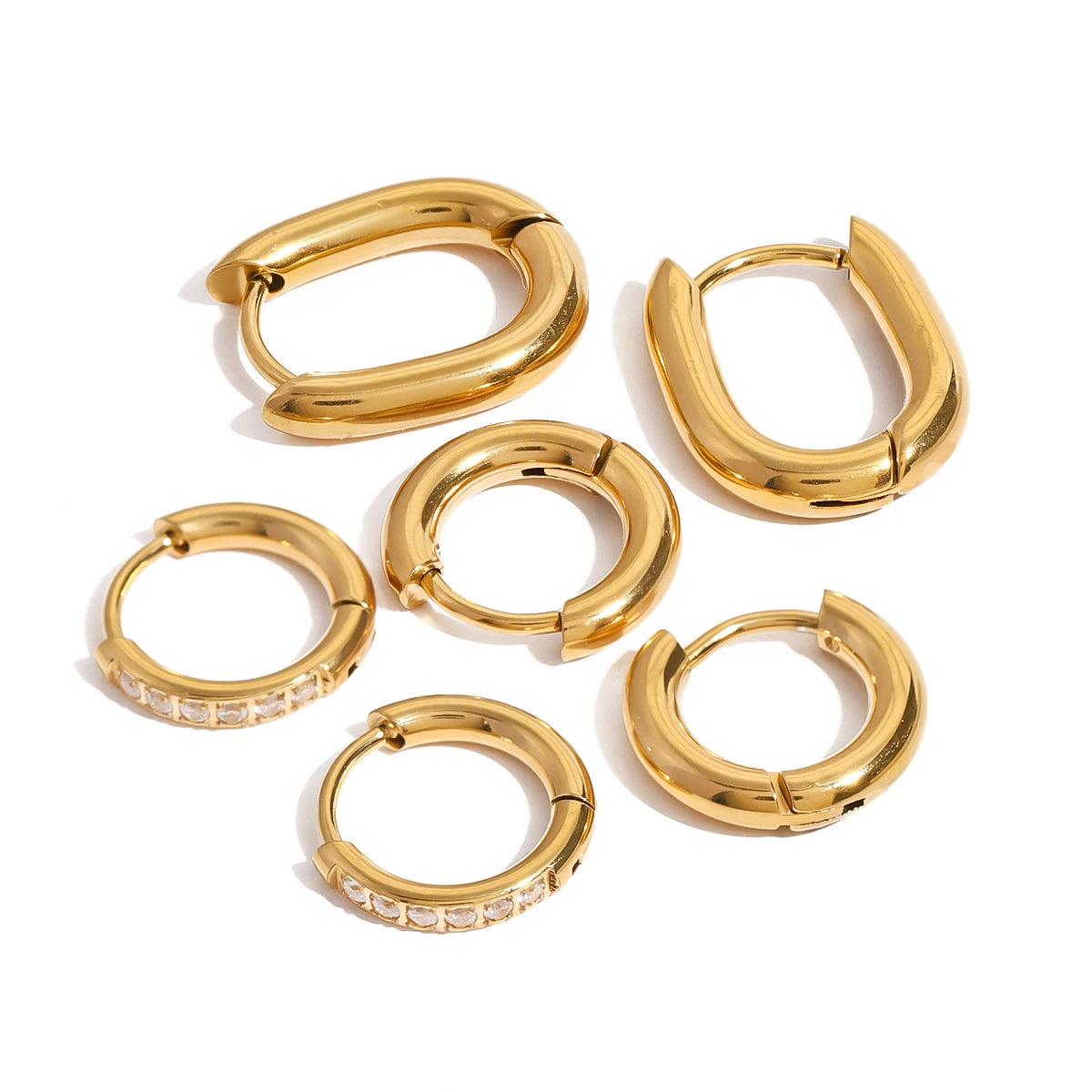 J&D Classic Dainty 18k Gold Stainless Steel Zircon Hoop Earring Sets Three Pairs in Vintage Geometric Style