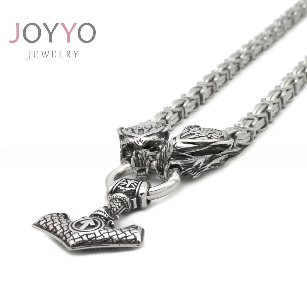Nordic Style Wolf Head Design Viking Jewelry Amulet King Chain Viking Pendant Necklace with Valkenut Pendant Chain Necklace