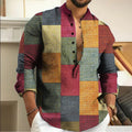 Men Vintage Color Block Plaid Print Stand Collar Long Sleeve T Shirts Casual Loose Holiday Beach Pullover Blouse