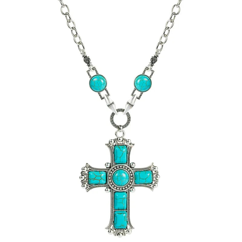 2025 Turquoise Stone Cross Shaped Necklace Women Alloy Inlaid Turquoise Sweater Chain Pendant Necklace