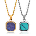Vintage Oil Turquoise Pendant Jewelry 18K Gold Plated Stainless Steel Women Men Geometric Square Pendant Necklace