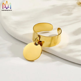 Stainless Steel Minimalist Open Ring Small Engravable Round Disc Pendant Finger Ring Gold Plated