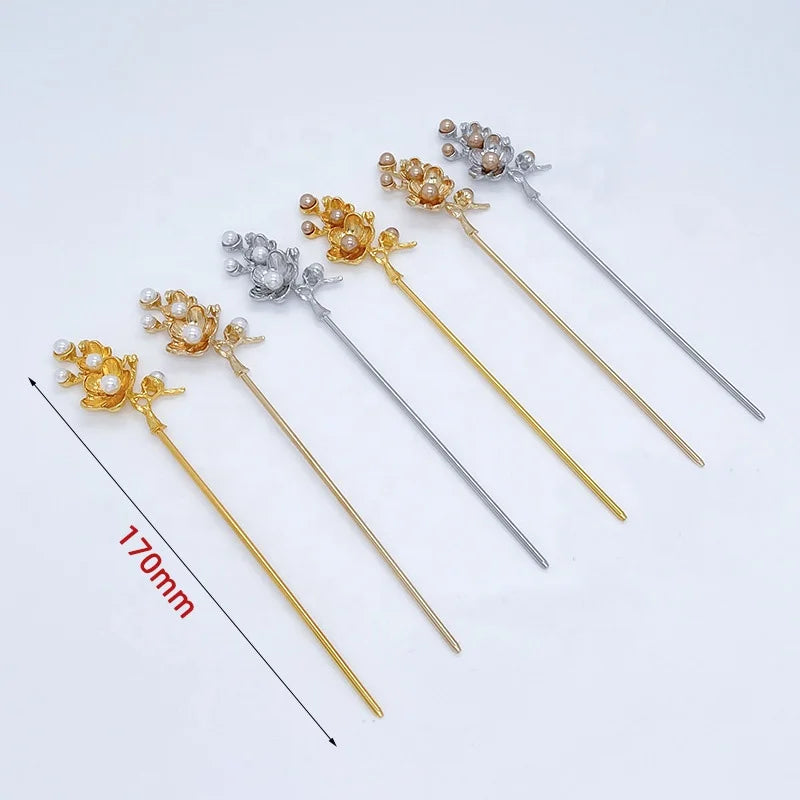 Vintage Flower Chop Sticks Pins Buns Retro Women Metal China Long Holder Pearl Hair Pins Accessories Hair Chopsticks for Hair