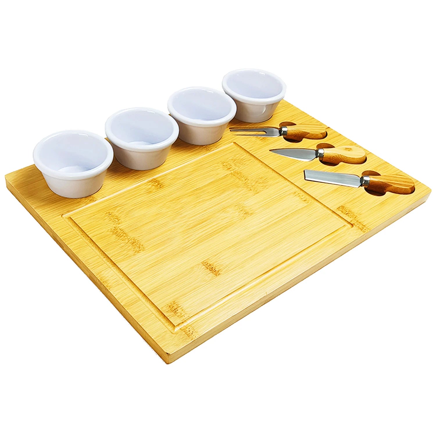 Vintage Bamboo Charcuterie Plate Set Wooden Steak Serving Board with Knife Dipping Sauce Cup Ceramic Bowls for Chopping Blocks