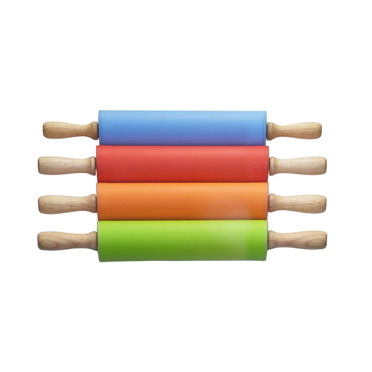 Silicone Rolling Pin Durable Wooden Handle Non-Stick Kids Baking Rolling Tool Colorful Design for Home Kitchen Use