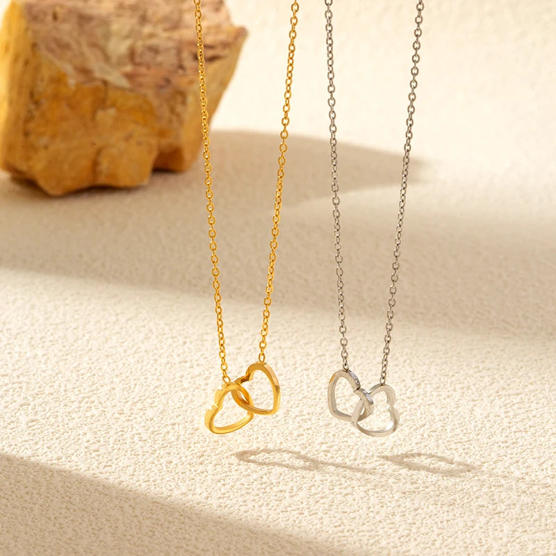 Women's Bulk Wholesale Stainless Steel Hollow Double Heart Necklaces Fashion Chains Jewelry Lover