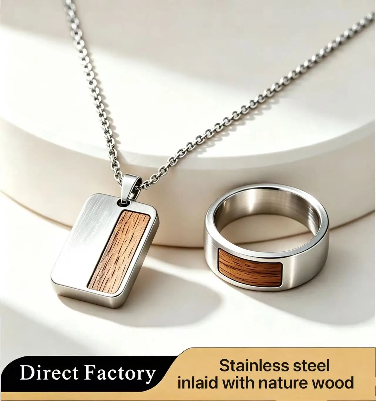 Custom Men's 316L Stainless Steel Wood Inlay Necklace Pendant Natural Ebony Rosewood Jewelry Personalized Eco-friendly Gift Set