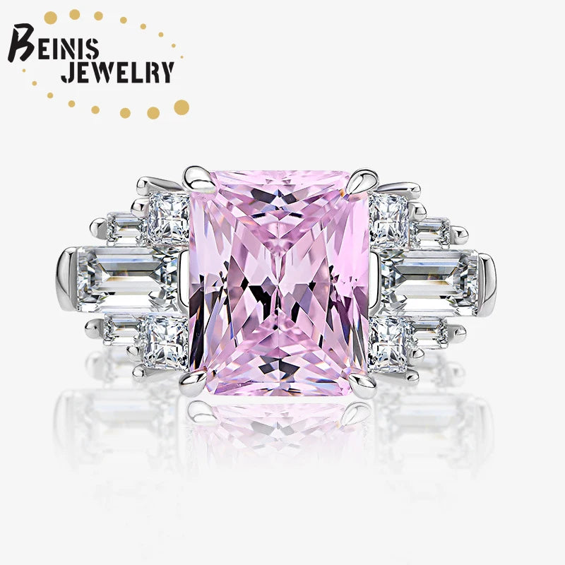 Sterling Silver 925 Fashion Jewelry Luxury Diamond Bridal Wedding Ring Pink Zircon Crystal Rhodium Plated Ring
