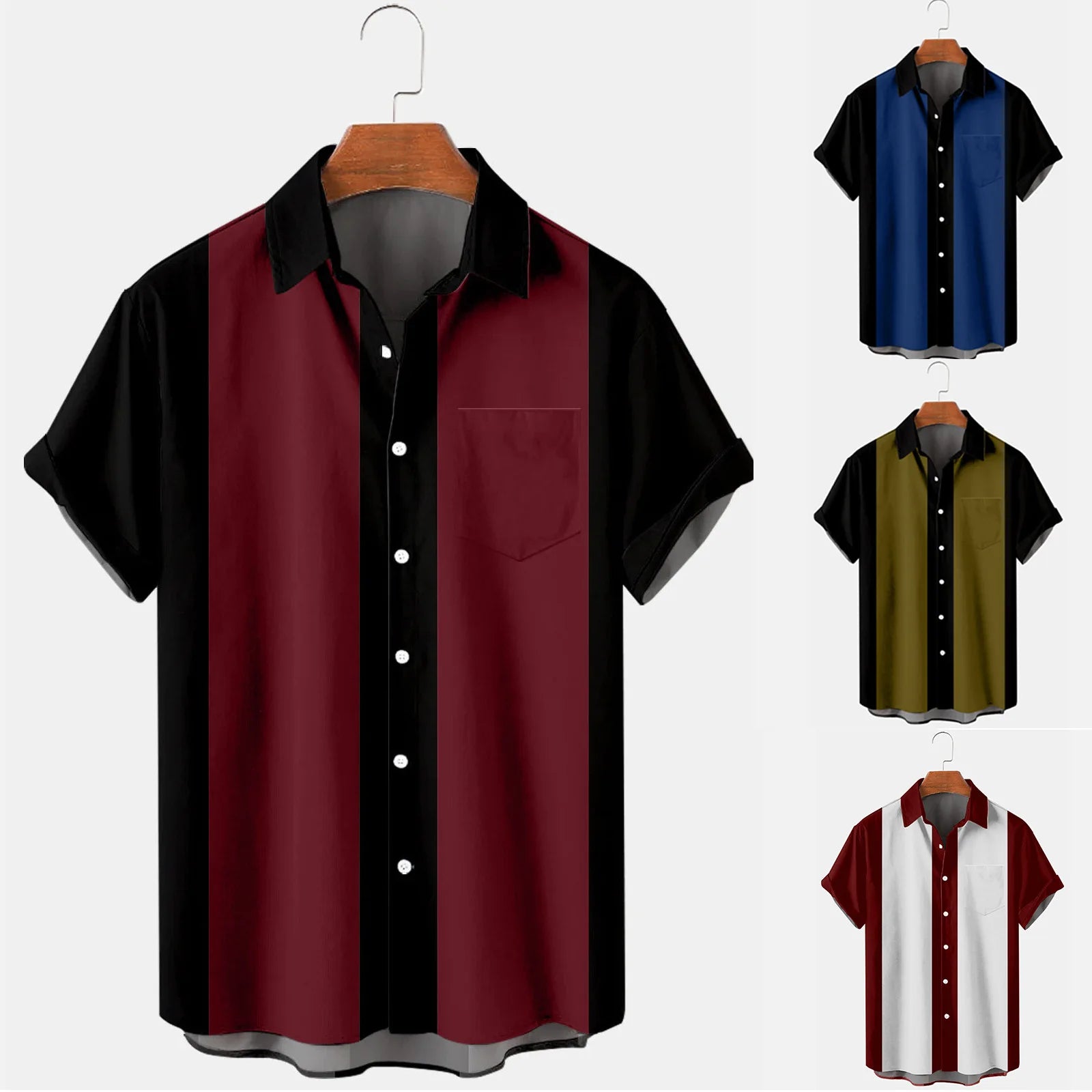 S-4XL 3D Digital Printing Fashion Simple Color Block Men's Casual Short Sleeve Shirt Streetwear