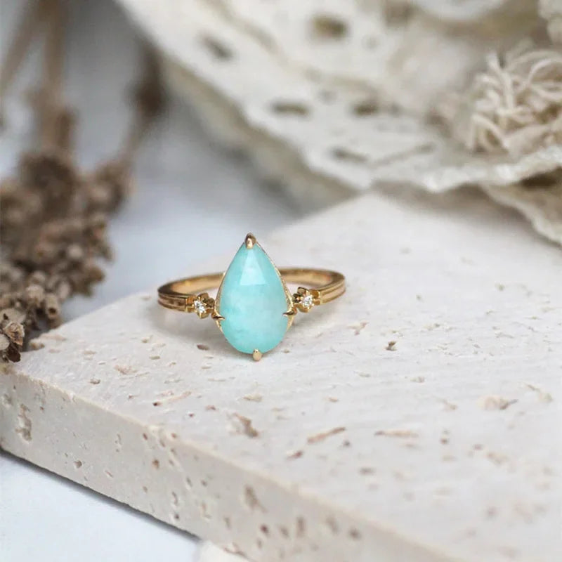 Vintage Natural Amazonite Crystal Ring for Women Gemstone Rings 925 Sterling Silver K Gold Plated Blue Stone Ring LAMOON
