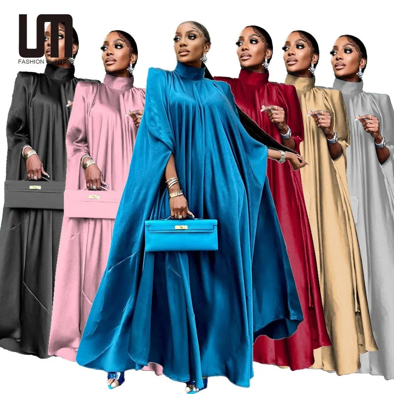 Liu Ming Wholesale Elegant Women Fashion Dubai Muslim Robe Satin Loose a Line Middle East Abaya Maxi Dress