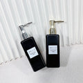 Wholesale 250ml PET Square Black Shampoo Body Wash Container with Gold Plated Pump Head Plastic Packaging for Lotion Bottle
