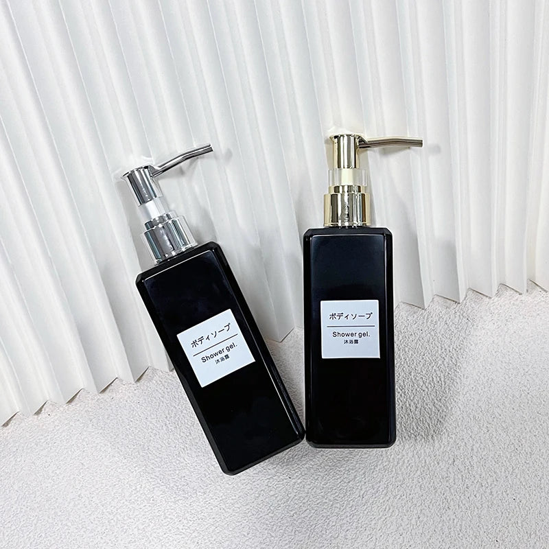 Wholesale 250ml PET Square Black Shampoo Body Wash Container with Gold Plated Pump Head Plastic Packaging for Lotion Bottle