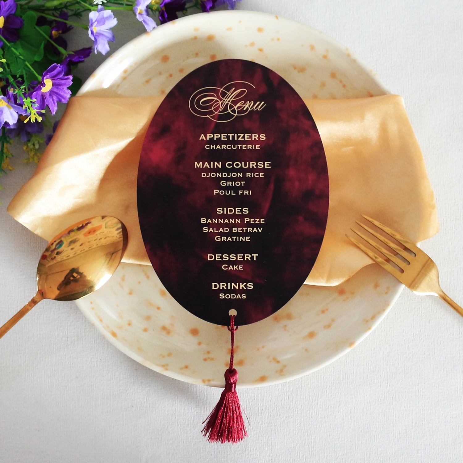 Custom Luxury  Texture Burgundy Red Acrylic/Velvet Menu Card with Tassel for Birthday/Wedding/Holiday Party Event