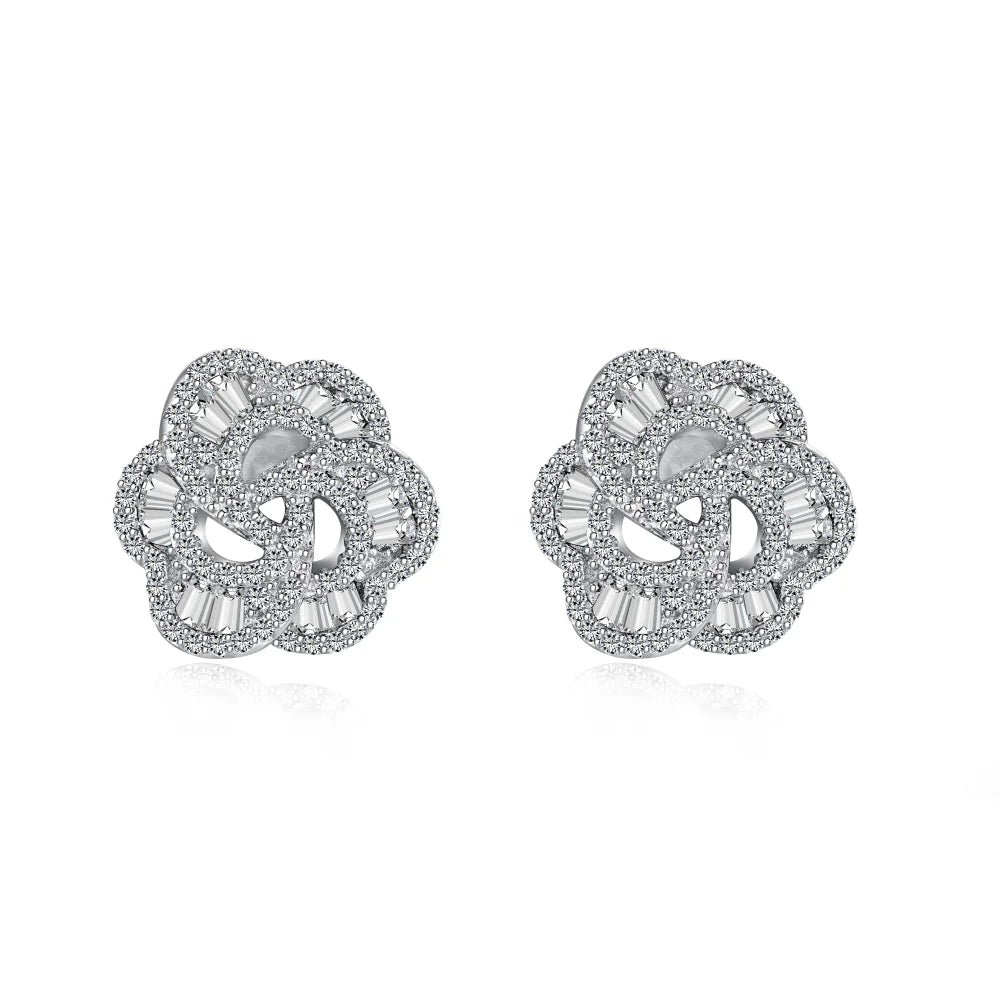 Dylam Sweet Colorful Fine Jewelry S925 Silver Rhodium Plated Flower Shape Eternity Baguette 5A Cubic Zirconia Stud Earrings